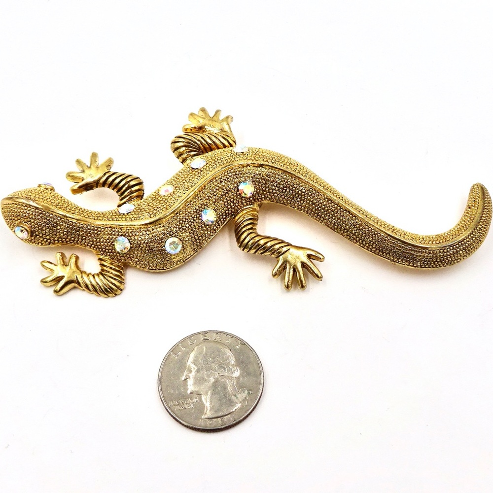 RHINESTONE LIZARD PIN BROOCH Gold Tone Salamander Gecko - Picture 4 of 8